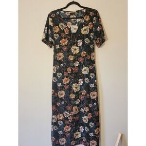 Pull & Bear Women's Black Peasant Floral V Neck Short Sleeve Midi Dress Size S
